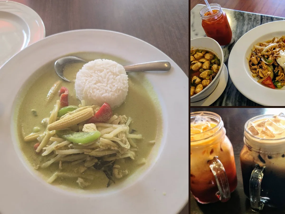 Thai dishes on a relaxed restaurant table.